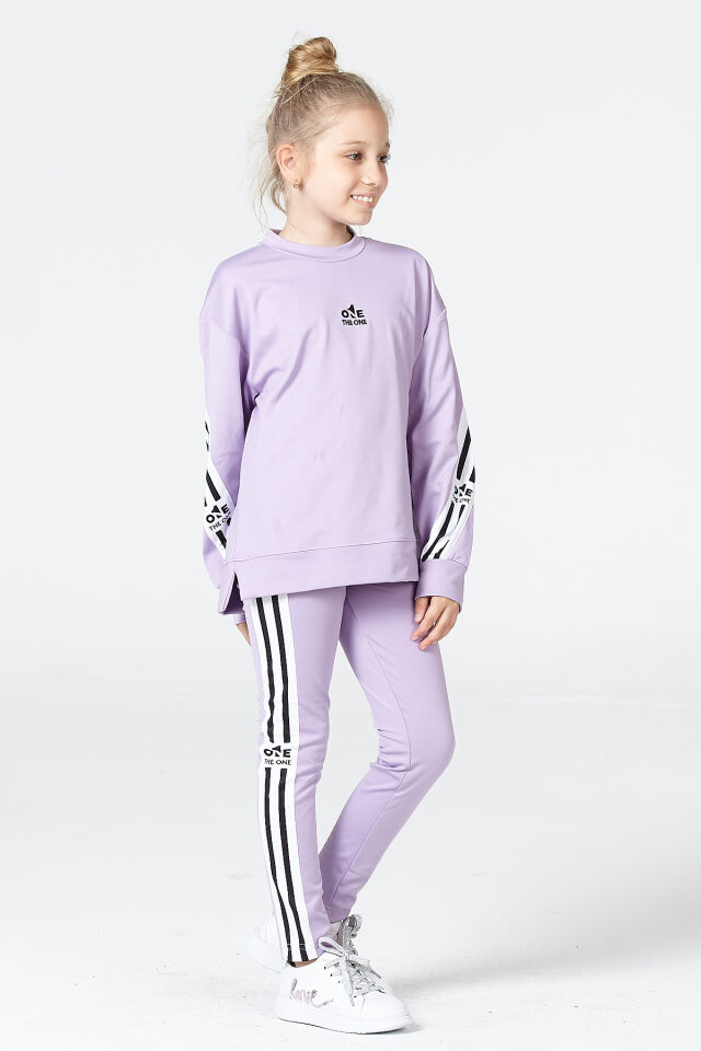 Black One Kız Çocuk Şerit Detaylı Salaş Sweat ve Tayt Spor Takım – Rahat Kesim, Yumuşak Kumaş 14-15 Yaş - LİLA
