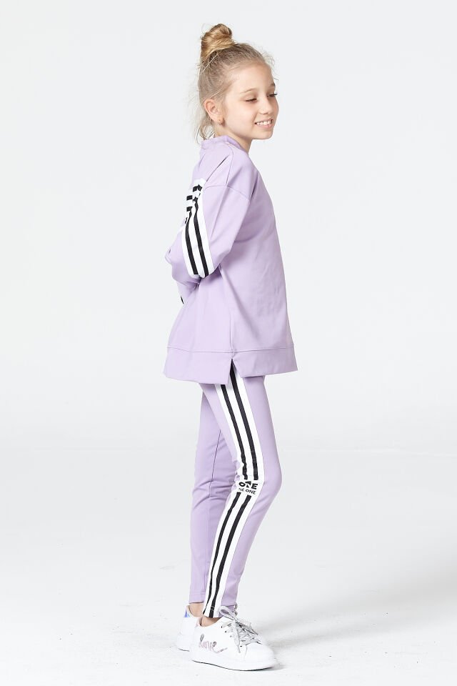 Black One Kız Çocuk Şerit Detaylı Salaş Sweat ve Tayt Spor Takım – Rahat Kesim, Yumuşak Kumaş 14-15 Yaş - LİLA
