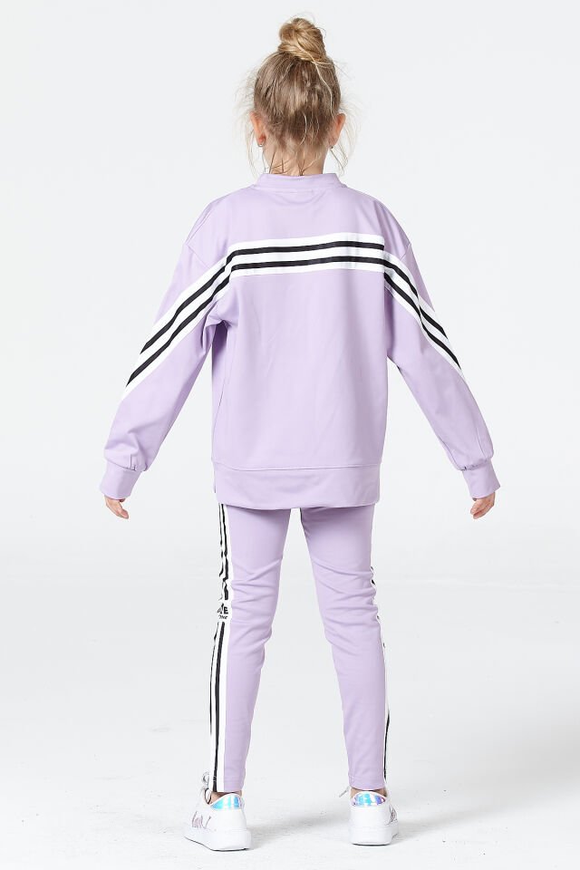 Black One Kız Çocuk Şerit Detaylı Salaş Sweat ve Tayt Spor Takım – Rahat Kesim, Yumuşak Kumaş 14-15 Yaş - LİLA