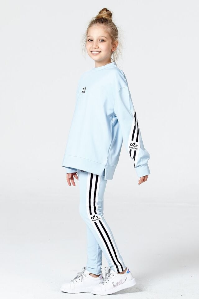 Black One Kız Çocuk Şerit Detaylı Salaş Sweat ve Tayt Spor Takım – Rahat Kesim, Yumuşak Kumaş 12-13 Yaş - MAVİ