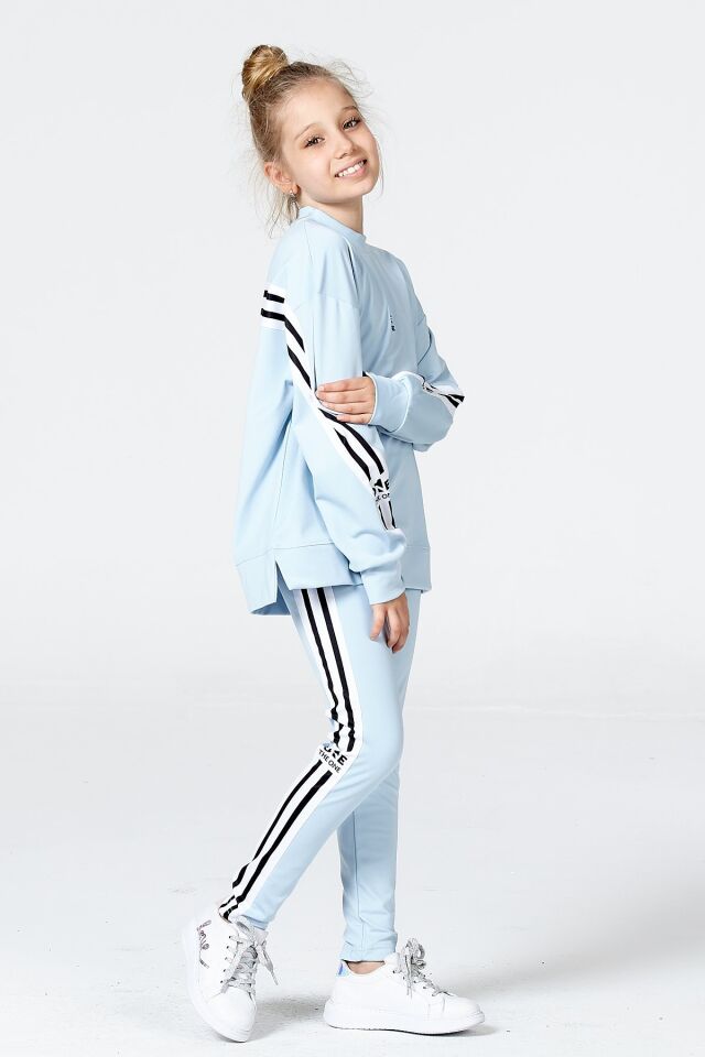 Black One Kız Çocuk Şerit Detaylı Salaş Sweat ve Tayt Spor Takım – Rahat Kesim, Yumuşak Kumaş 12-13 Yaş - MAVİ