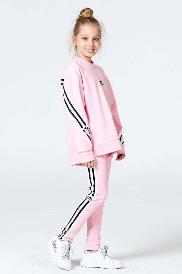 Black One Kız Çocuk Şerit Detaylı Salaş Sweat ve Tayt Spor Takım – Rahat Kesim, Yumuşak Kumaş 8-9 Yaş - PEMBE