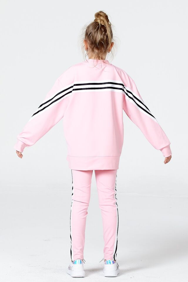 Black One Kız Çocuk Şerit Detaylı Salaş Sweat ve Tayt Spor Takım – Rahat Kesim, Yumuşak Kumaş 8-9 Yaş - PEMBE