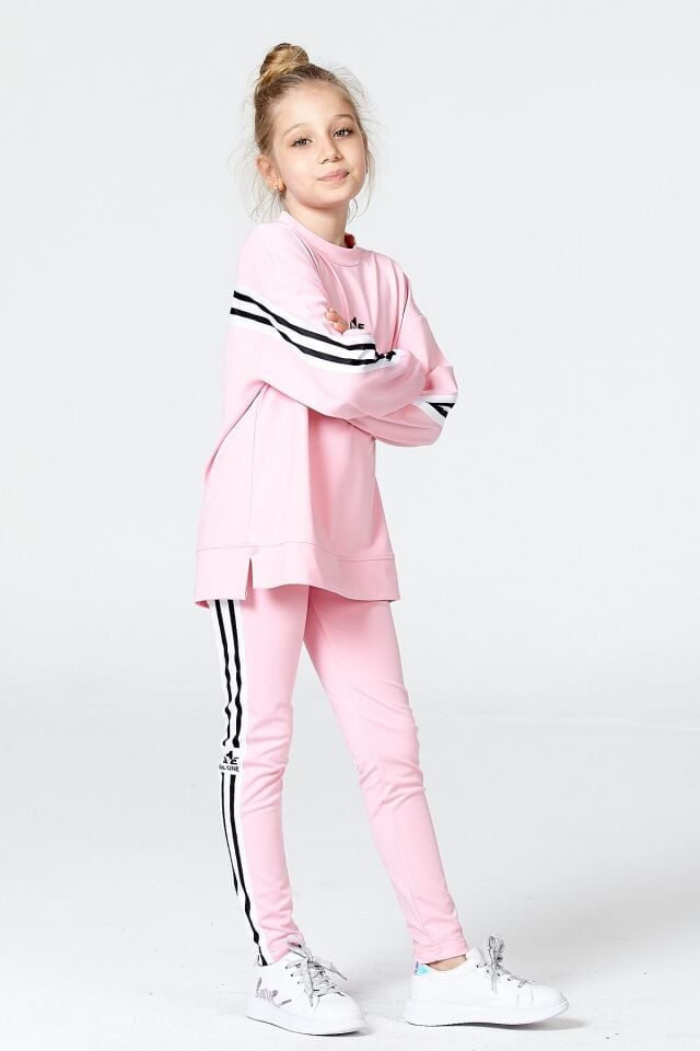 Black One Kız Çocuk Şerit Detaylı Salaş Sweat ve Tayt Spor Takım – Rahat Kesim, Yumuşak Kumaş 10-11 Yaş - PEMBE