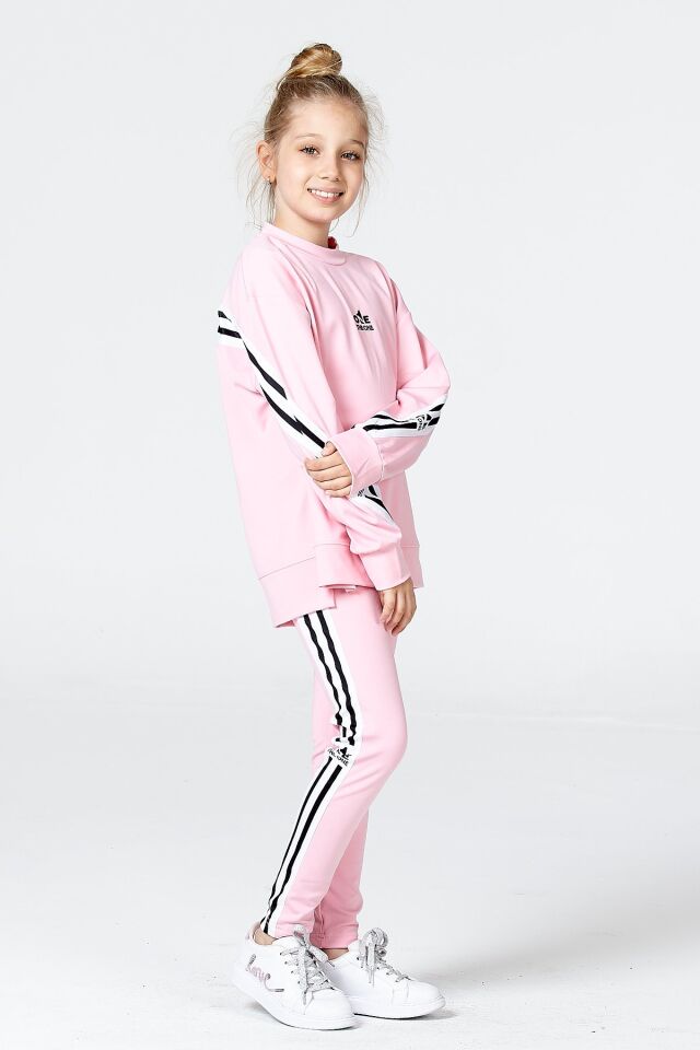 Black One Kız Çocuk Şerit Detaylı Salaş Sweat ve Tayt Spor Takım – Rahat Kesim, Yumuşak Kumaş 10-11 Yaş - PEMBE