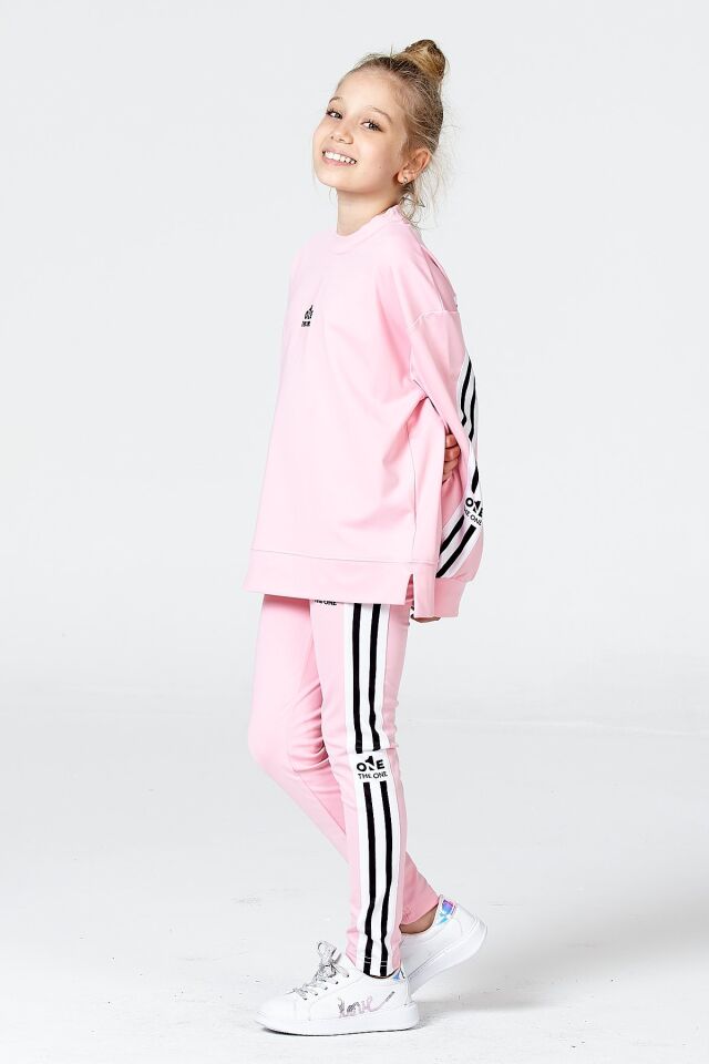 Black One Kız Çocuk Şerit Detaylı Salaş Sweat ve Tayt Spor Takım – Rahat Kesim, Yumuşak Kumaş 11-12 Yaş - PEMBE