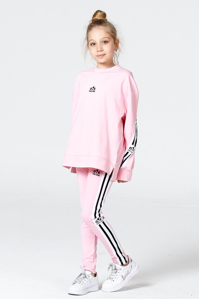 Black One Kız Çocuk Şerit Detaylı Salaş Sweat ve Tayt Spor Takım – Rahat Kesim, Yumuşak Kumaş 12-13 Yaş - PEMBE