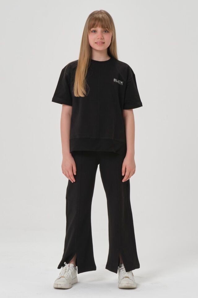 Black One Kız Çocuk Bisiklet Yaka Baskılı Yırtmaç Paça Detaylı Ekoseli Diyagonel Jakar Kumaş Alt üst takım