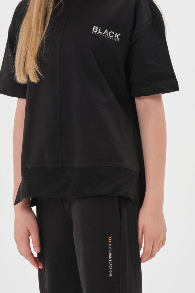 Black One Kız Çocuk Bisiklet Yaka Baskılı Yırtmaç Paça Detaylı Ekoseli Diyagonel Jakar Kumaş Alt üst takım