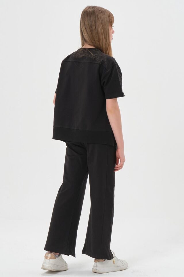 Black One Kız Çocuk Bisiklet Yaka Baskılı Yırtmaç Paça Detaylı Ekoseli Diyagonel Jakar Kumaş Alt üst takım