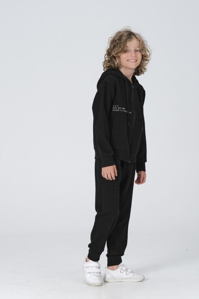 Black One Erkek Çocuk Çelikli İnterlok Kumaş Fermuarlı Kapüşonlu Baskı Detaylı Çift Cep Eşofman Takımı