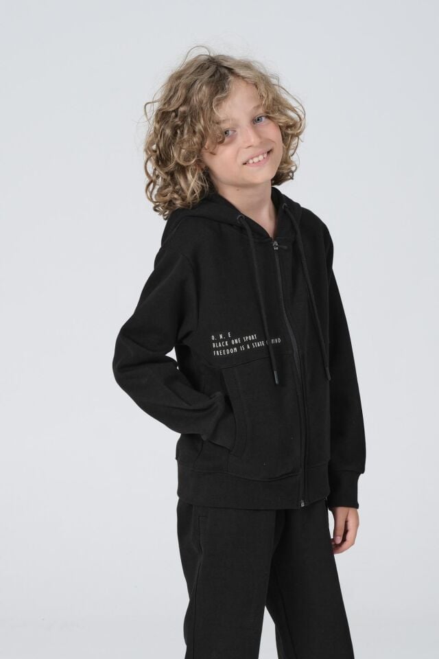 Black One Erkek Çocuk Çelikli İnterlok Kumaş Fermuarlı Kapüşonlu Baskı Detaylı Çift Cep Eşofman Takımı