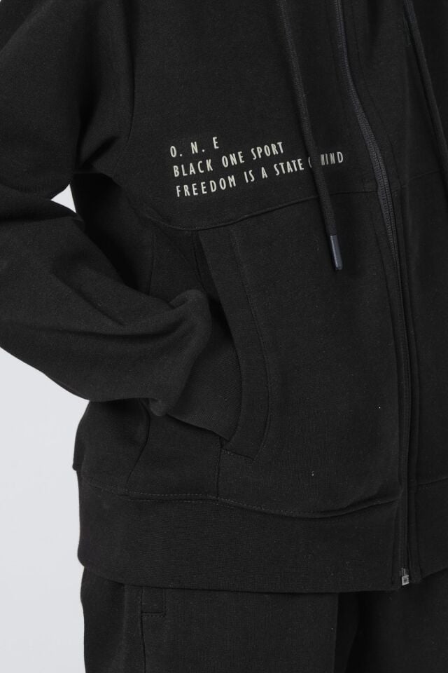 Black One Erkek Çocuk Çelikli İnterlok Kumaş Fermuarlı Kapüşonlu Baskı Detaylı Çift Cep Eşofman Takımı