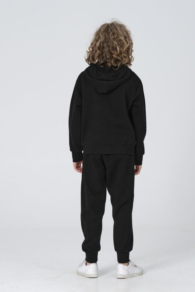 Black One Erkek Çocuk Çelikli İnterlok Kumaş Fermuarlı Kapüşonlu Baskı Detaylı Çift Cep Eşofman Takımı