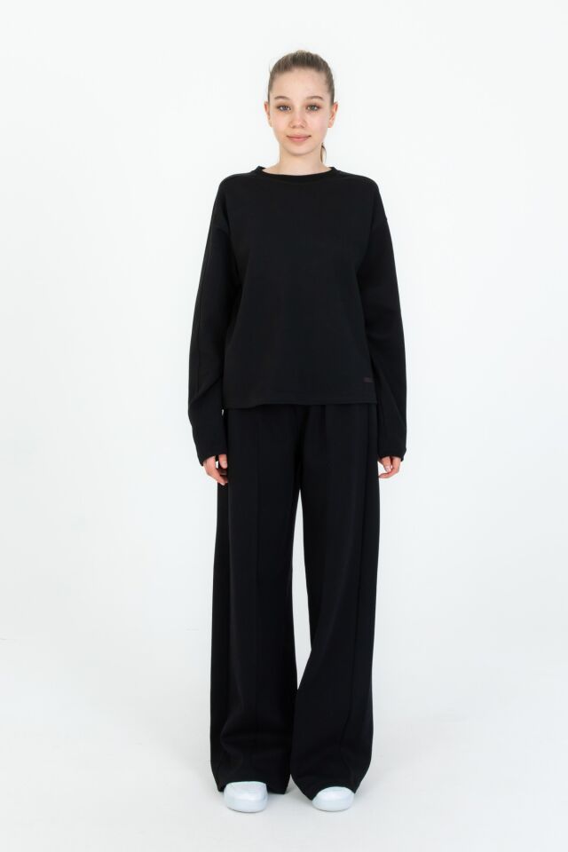 Bisiklet Yaka Geniş Paça Ayarlanabilir Lastikli Bel Kız Çocuk Eşofman Takımı