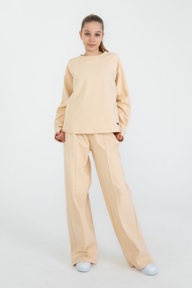 Bisiklet Yaka Geniş Paça Ayarlanabilir Lastikli Bel Kız Çocuk Eşofman Takımı