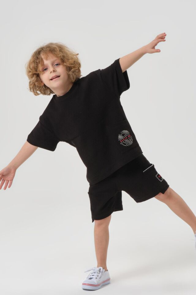 Erkek Çocuk Penye Waffle Kumaş Alt Üst Takım SİYAH - 6-7 Yaş