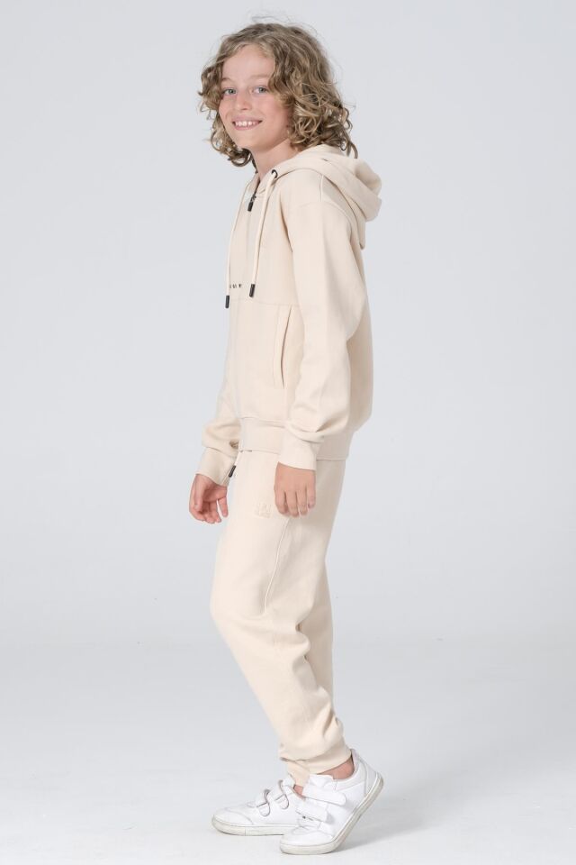 Black One Erkek Çocuk Çelikli İnterlok Kumaş Fermuarlı Kapüşonlu Baskı Detaylı Çift Cep Eşofman Takımı 10-11 Yaş - BEJ