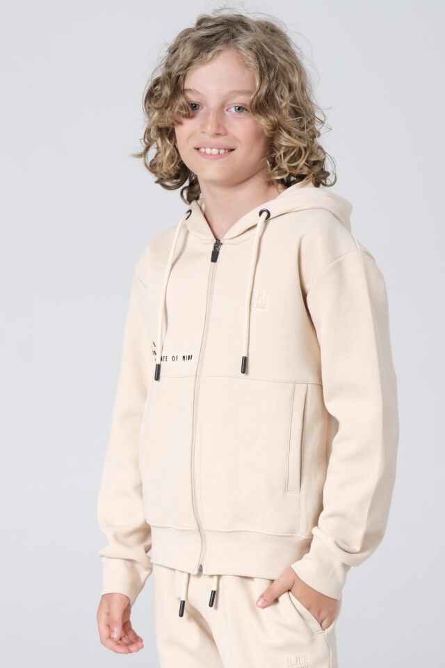 Black One Erkek Çocuk Çelikli İnterlok Kumaş Fermuarlı Kapüşonlu Baskı Detaylı Çift Cep Eşofman Takımı 10-11 Yaş - BEJ