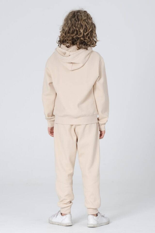 Black One Erkek Çocuk Çelikli İnterlok Kumaş Fermuarlı Kapüşonlu Baskı Detaylı Çift Cep Eşofman Takımı 10-11 Yaş - BEJ