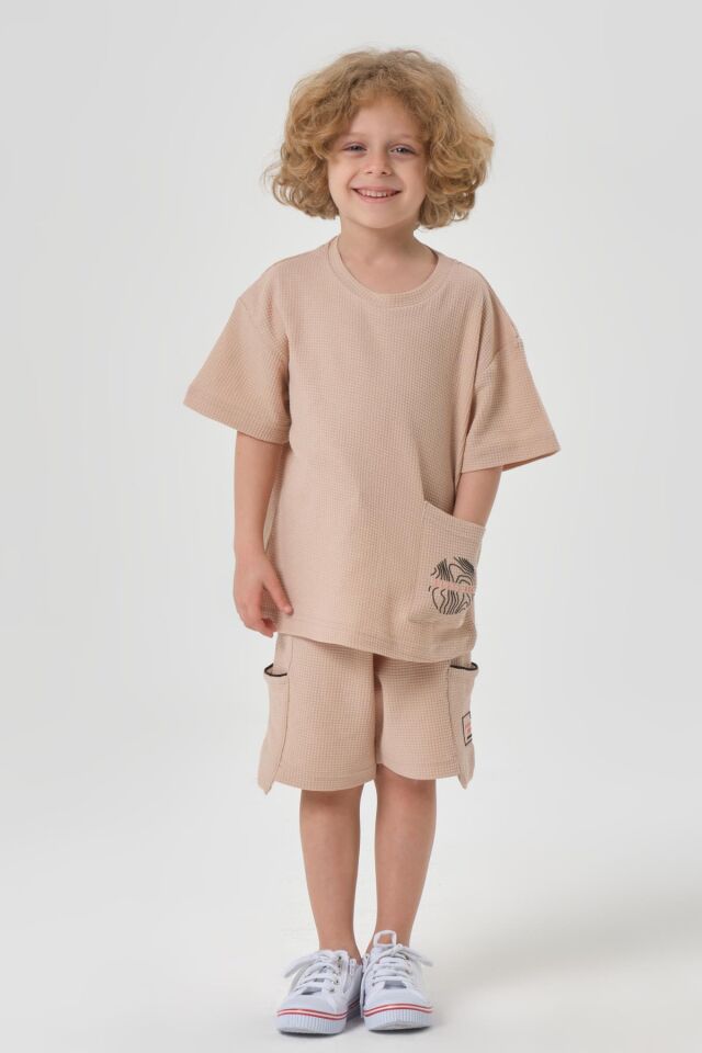 Erkek Çocuk Penye Waffle Kumaş Alt Üst Takım BEJ - 2-3 Yaş