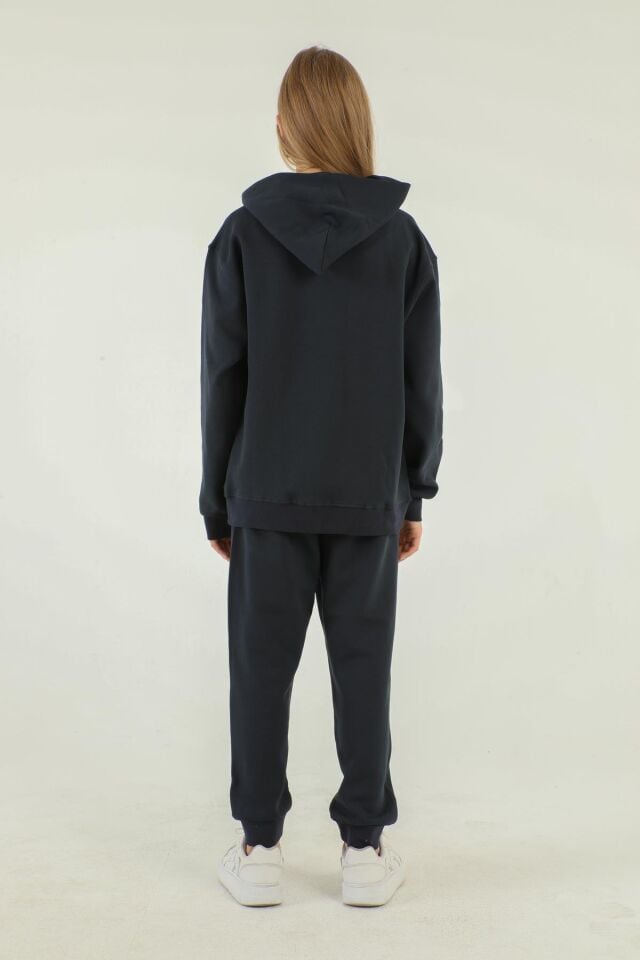 Kapüşonlu Baskı Detaylı Çelikli İnterlok Kumaştan Basic Kız Çocuk Eşofman Takımı