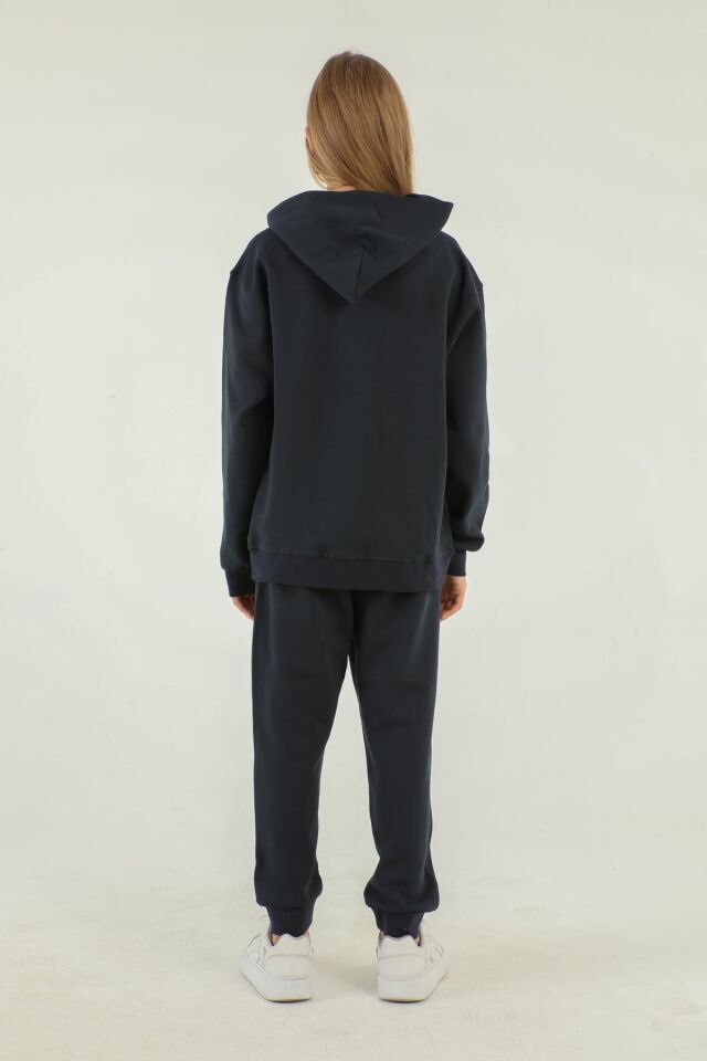 Kapüşonlu Baskı Detaylı Çelikli İnterlok Kumaştan Basic Kız Çocuk Eşofman Takımı