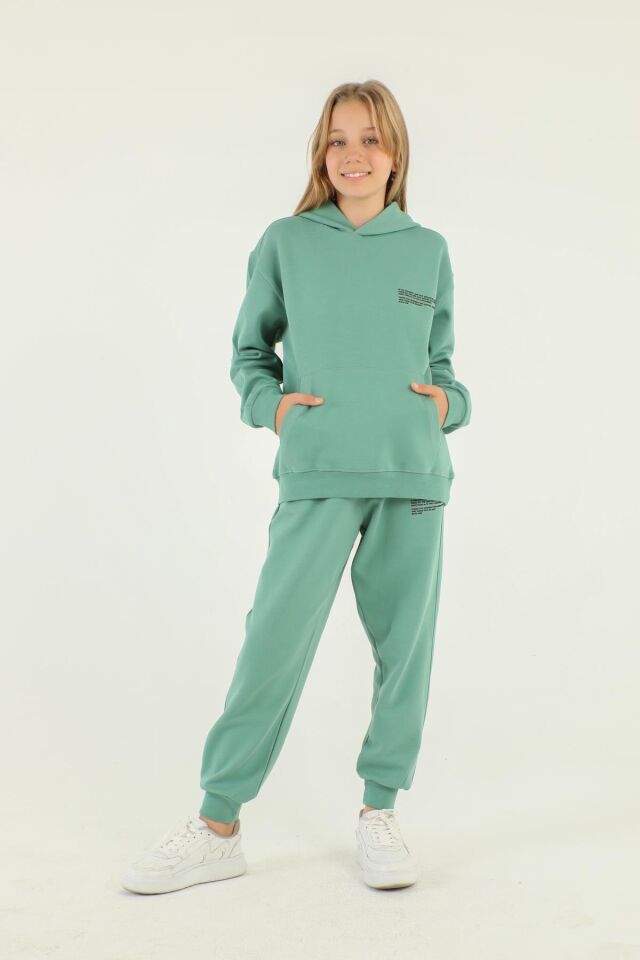 Kapüşonlu Baskı Detaylı Çelikli İnterlok Kumaştan Basic Kız Çocuk Eşofman Takımı