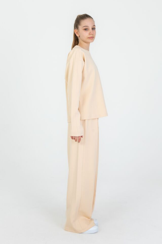 Bisiklet Yaka Geniş Paça Ayarlanabilir Lastikli Bel Kız Çocuk Eşofman Takımı BEJ - 10-11 Yaş