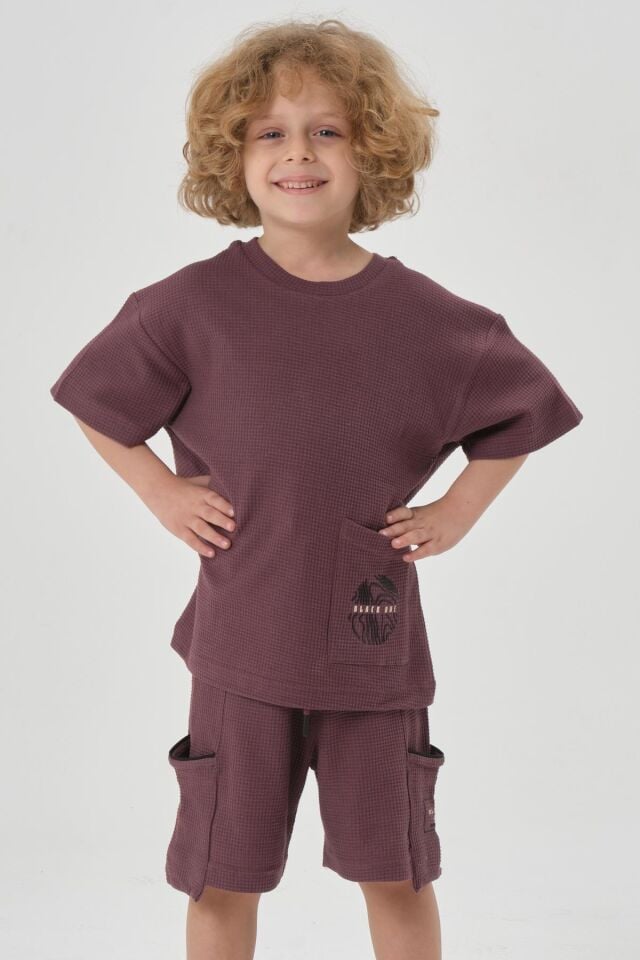 Erkek Çocuk Penye Waffle Kumaş Alt Üst Takım MÜRDÜM - 7-8 Yaş