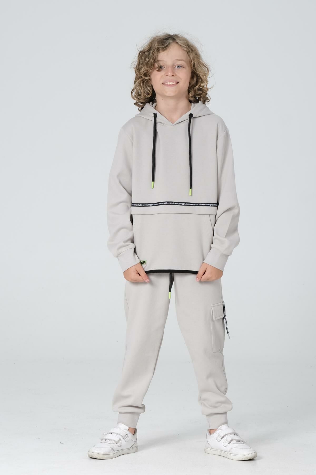 Black One Erkek Çocuk  Cep Detaylı Kapüşonlu Çelikli Pike kumaş Eşofman Takımı 10-11 Yaş - BOYAMA GRİ