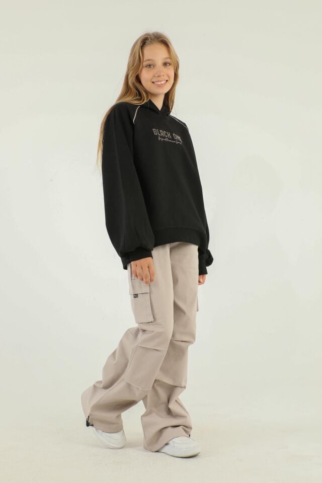 Kapüşonlu Baskı Detaylı Kargo Cepli Kız Çocuk Takım