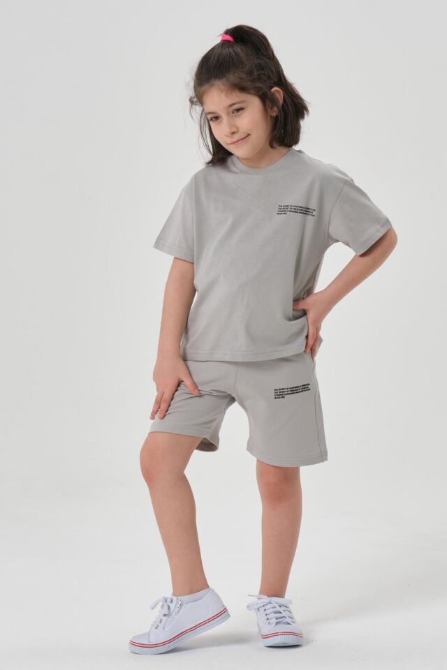 Kız Çocuk Alt Üst Bisiklet Yaka Şort Takım GRİ - 6-7 Yaş