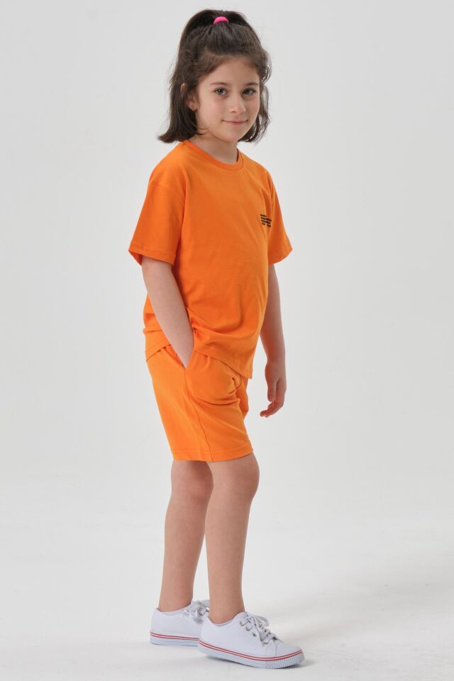 Kız Çocuk Alt Üst Bisiklet Yaka Şort Takım ORANJ - 6-7 Yaş
