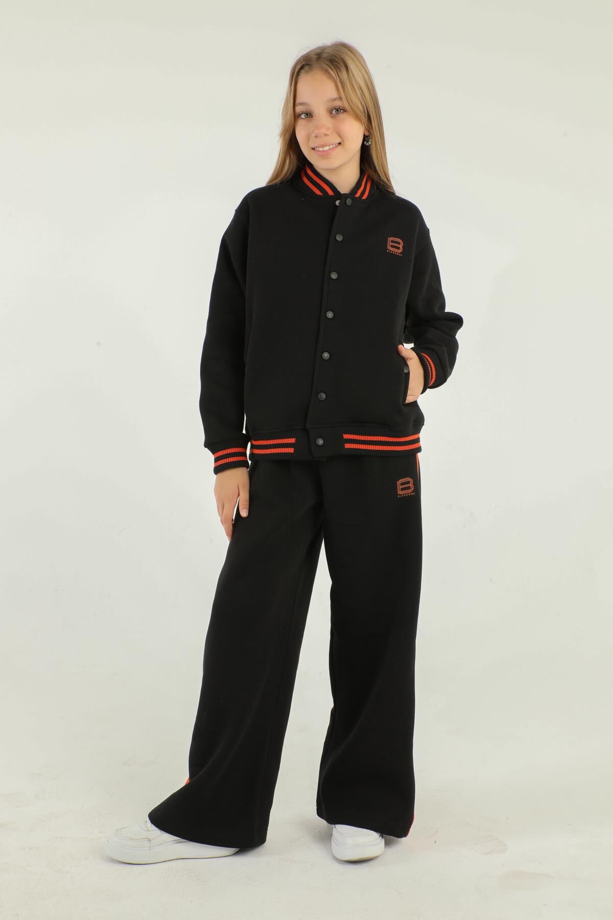 Black One Kız Çocuk Şardonlu Kolej Yaka Bol Paça Eşofman Takımı – Kalın Kumaş – 8-14 Yaş
