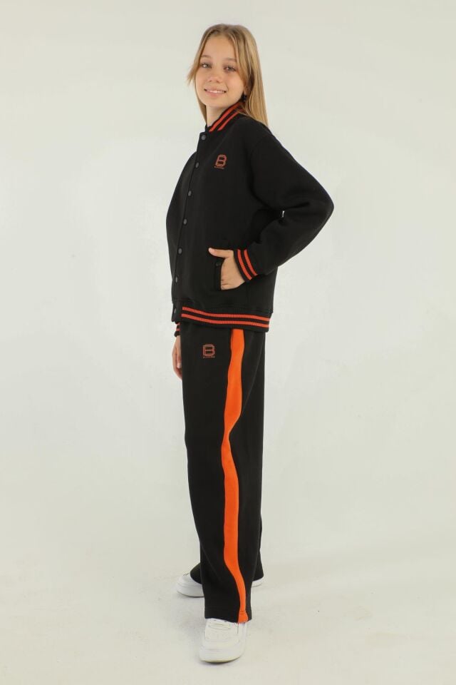 Black One Kız Çocuk Şardonlu Kolej Yaka Bol Paça Eşofman Takımı – Kalın Kumaş – 8-14 Yaş