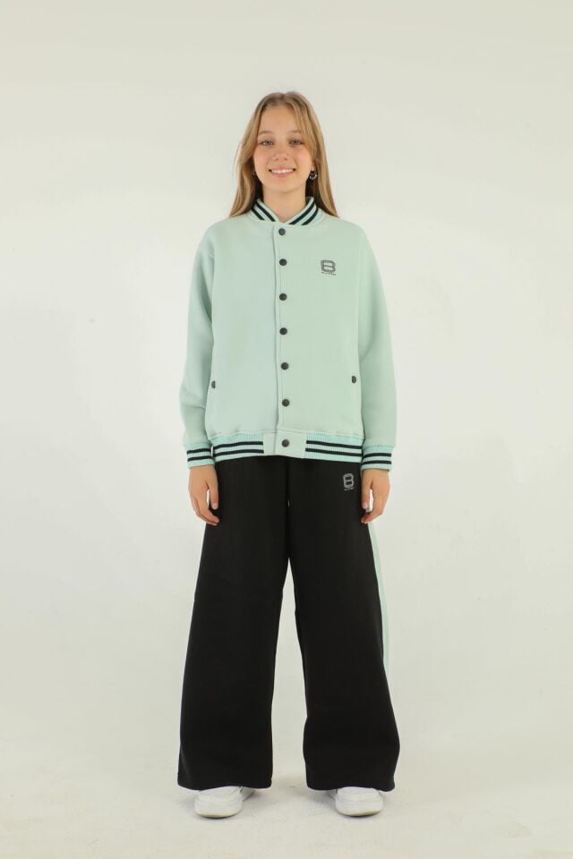 Black One Kız Çocuk Şardonlu Kolej Yaka Bol Paça Eşofman Takımı – Kalın Kumaş – 8-14 Yaş