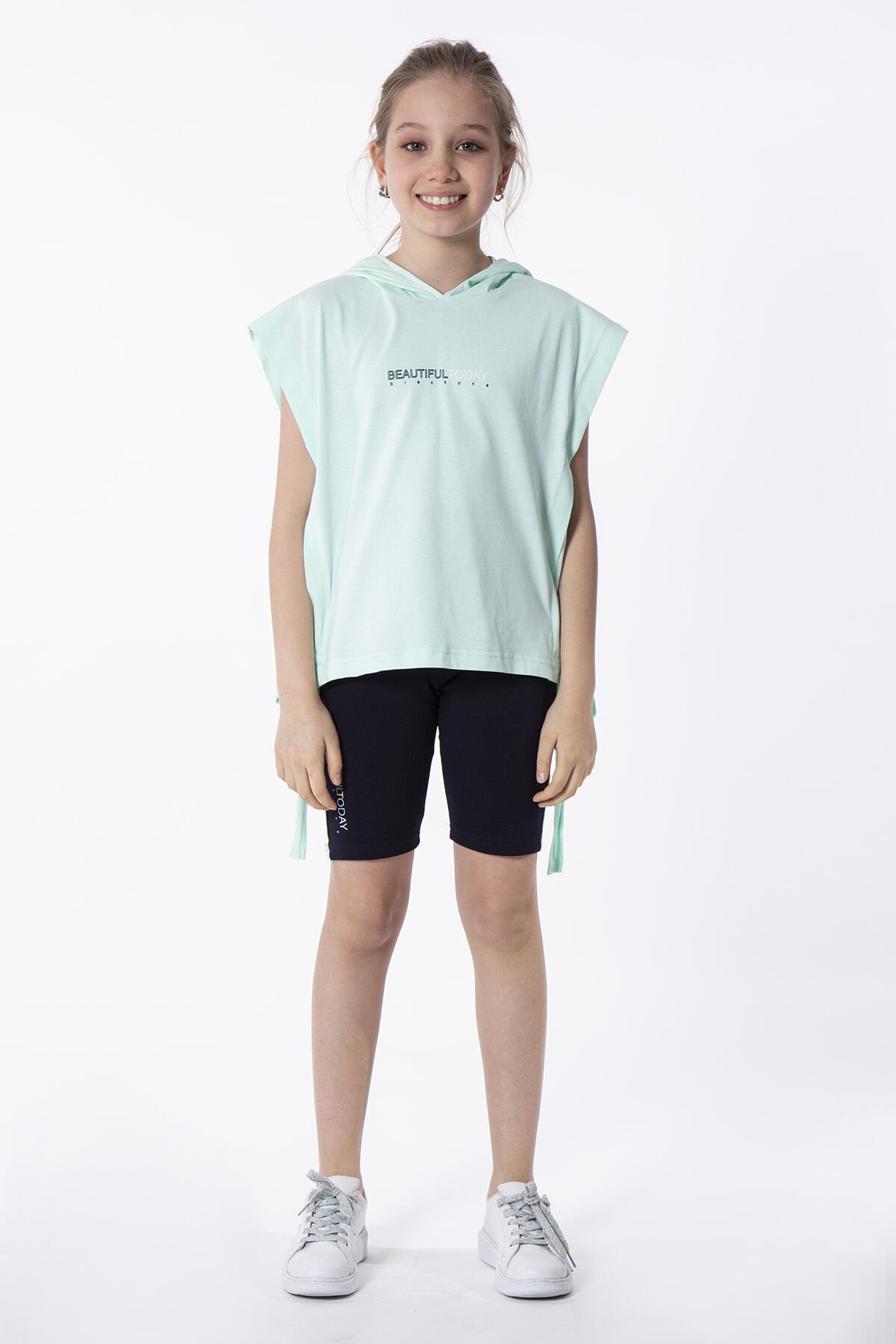 KIZ ÇOCUK YANDAN BAĞLAMALI BASKI DETAYLI KAPÜŞONLU ÜST TAYT TAKIMI 8-9 Yaş - MİNT YEŞİLİ