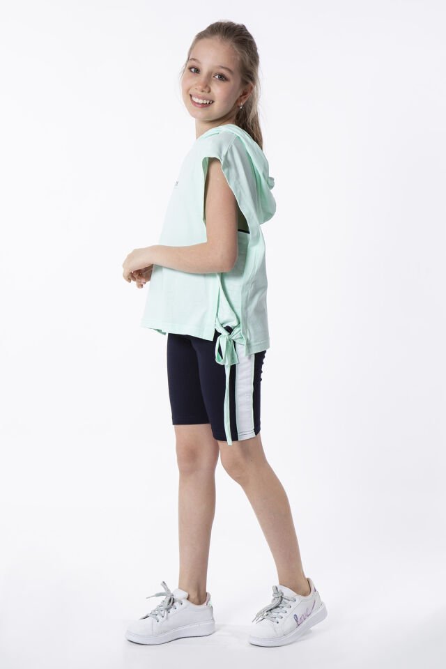 KIZ ÇOCUK YANDAN BAĞLAMALI BASKI DETAYLI KAPÜŞONLU ÜST TAYT TAKIMI 8-9 Yaş - MİNT YEŞİLİ