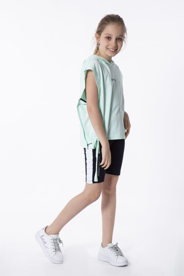 KIZ ÇOCUK YANDAN BAĞLAMALI BASKI DETAYLI KAPÜŞONLU ÜST TAYT TAKIMI 8-9 Yaş - MİNT YEŞİLİ