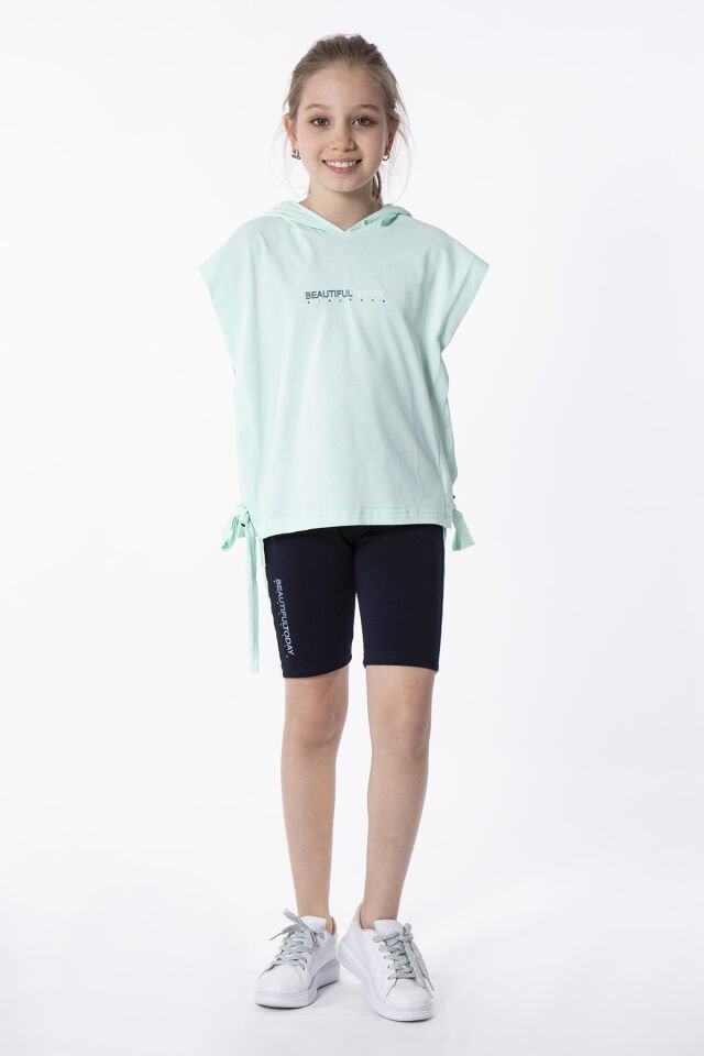 KIZ ÇOCUK YANDAN BAĞLAMALI BASKI DETAYLI KAPÜŞONLU ÜST TAYT TAKIMI 8-9 Yaş - MİNT YEŞİLİ