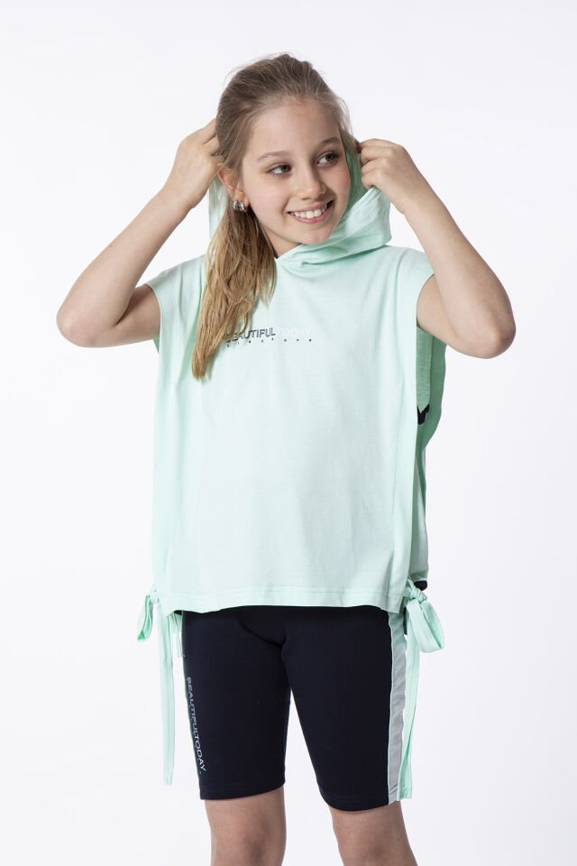 KIZ ÇOCUK YANDAN BAĞLAMALI BASKI DETAYLI KAPÜŞONLU ÜST TAYT TAKIMI 8-9 Yaş - MİNT YEŞİLİ