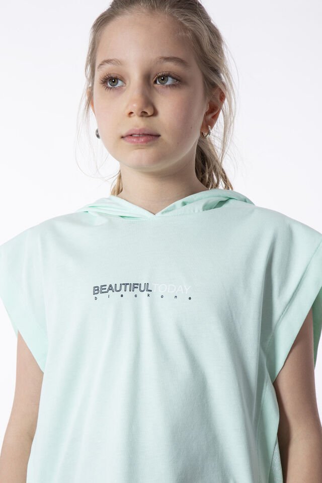 KIZ ÇOCUK YANDAN BAĞLAMALI BASKI DETAYLI KAPÜŞONLU ÜST TAYT TAKIMI 8-9 Yaş - MİNT YEŞİLİ