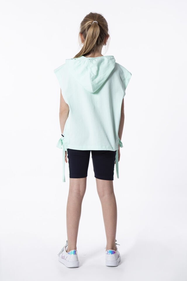 KIZ ÇOCUK YANDAN BAĞLAMALI BASKI DETAYLI KAPÜŞONLU ÜST TAYT TAKIMI 8-9 Yaş - MİNT YEŞİLİ