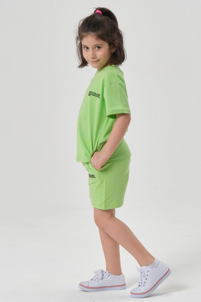 Kız Çocuk Alt Üst Bisiklet Yaka Şort Takım FISTIK YEŞİL - 6-7 Yaş