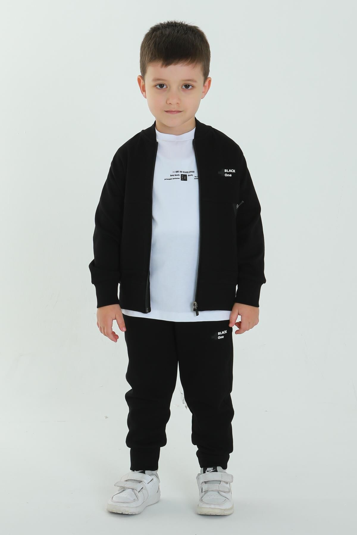 UNİSEX ÇİFT CEPLİ BASKI DETAYLI BİSİKLET YAKA TİŞÖRT FERMUARLI HIRKA 3'LÜ EŞOFMAN TAKIM