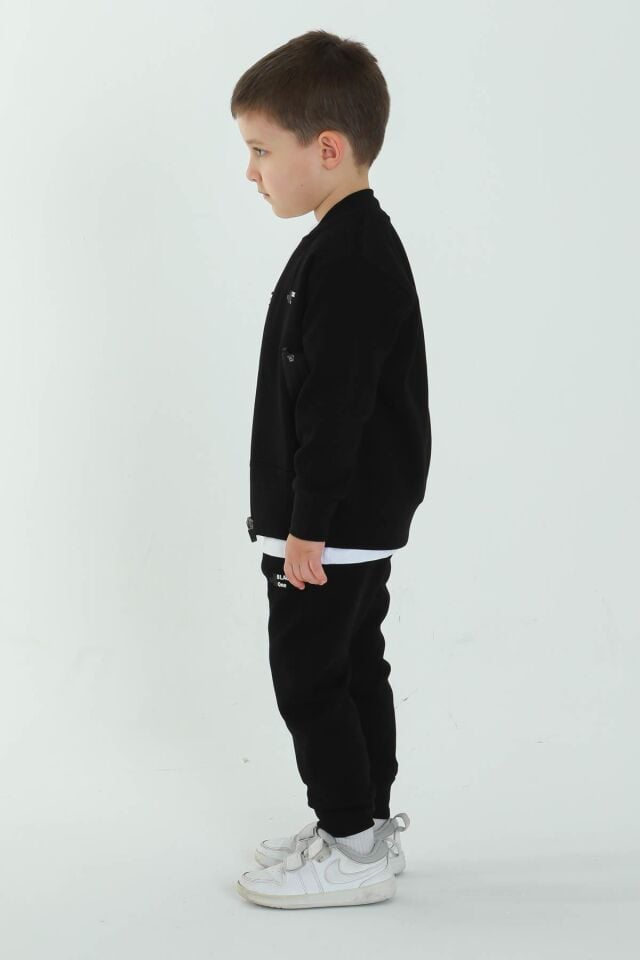 UNİSEX ÇİFT CEPLİ BASKI DETAYLI BİSİKLET YAKA TİŞÖRT FERMUARLI HIRKA 3'LÜ EŞOFMAN TAKIM