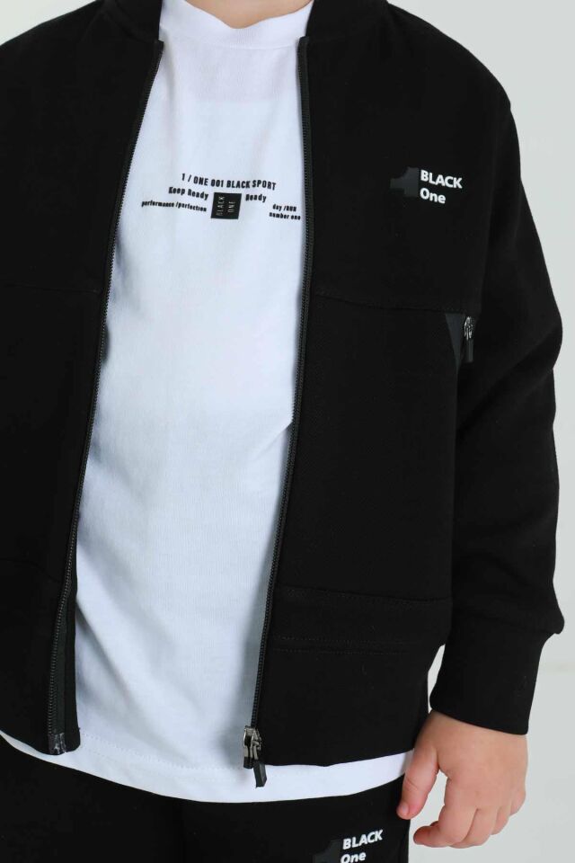 UNİSEX ÇİFT CEPLİ BASKI DETAYLI BİSİKLET YAKA TİŞÖRT FERMUARLI HIRKA 3'LÜ EŞOFMAN TAKIM