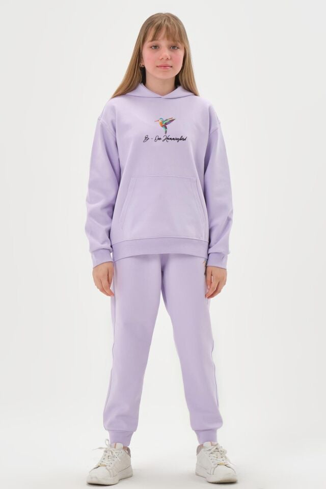 Kapüşonlu Nakış Detaylı Kız Çocuk Eşofman Takımı KOYU VİZON - 8-9 Yaş