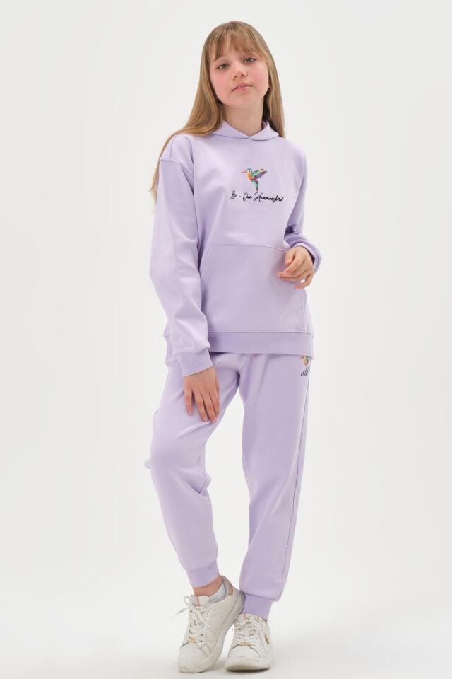 Kapüşonlu Nakış Detaylı Kız Çocuk Eşofman Takımı KOYU VİZON - 8-9 Yaş